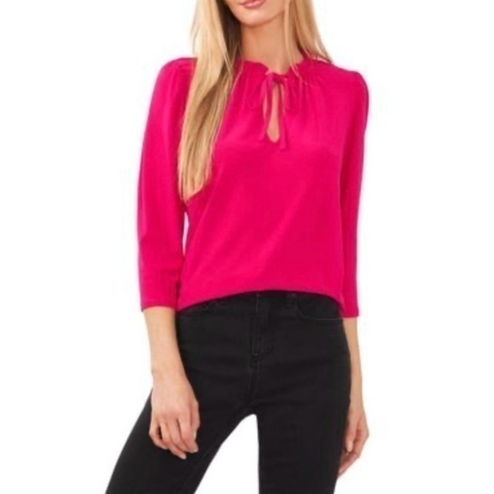 CeCe 3/4-Sleeve Tie-Front Ruffle Neck Knit Top in Bright Geranium Size S